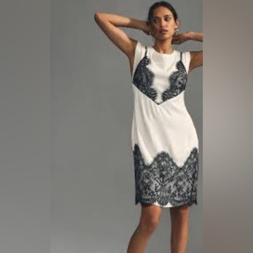 Anthropologie Maeve Lace T-shirt Slip Dress in white with black lace trim small